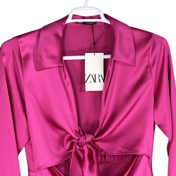 Zara XL NWT Blogger Favorite Pink Satin Cut Out Mini Dress Bell Sleeves Coquette - Picture 8 of 16